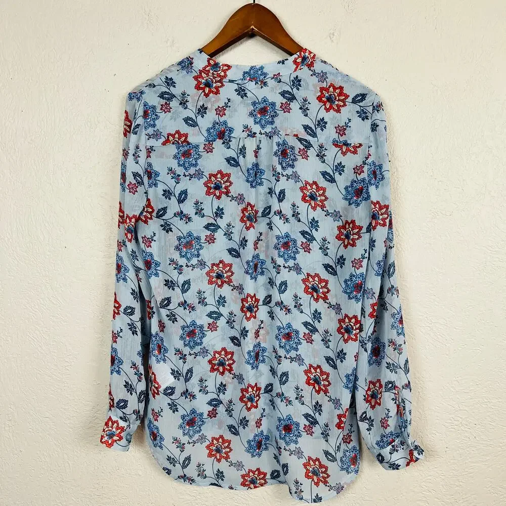 KUT Sheer Button Up Blouse Top Long Sleeve FLoral Blue - S